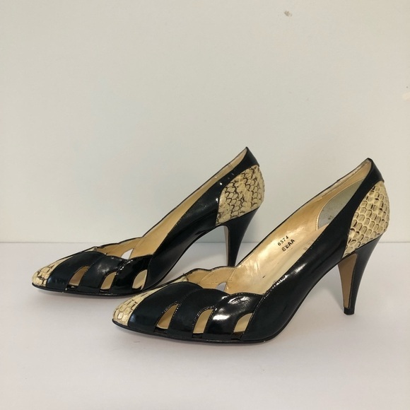Vintage 90s Hollywood Faux Patent Snakeskin Stiletto Pumps Heels Size 8 8.5 - Picture 8 of 8